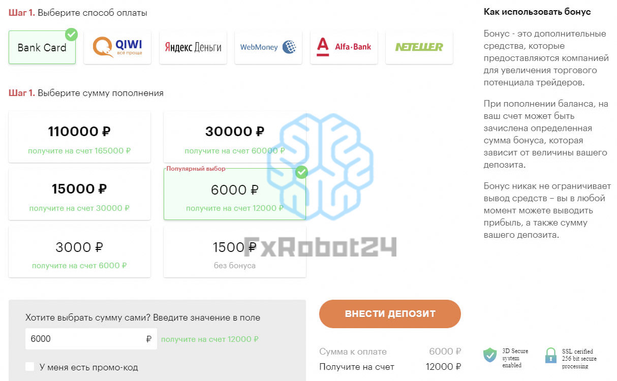 выбор способа ввода денег на платформу